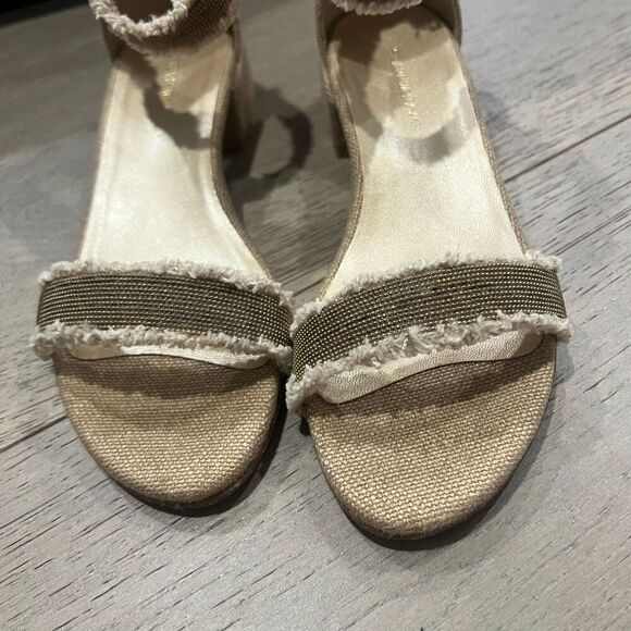 Stuart Weitzman Nudistchains Canvas Gold Sandals Tweed  Block US 6 - Picture 4 of 15